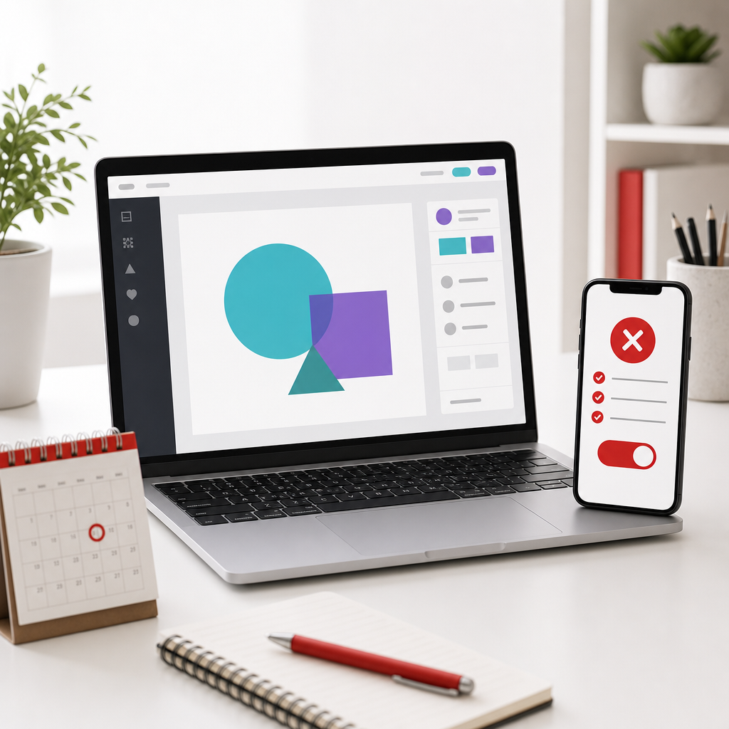 Laptop and phone showing a generic design workspace with a red cancellation checklist
