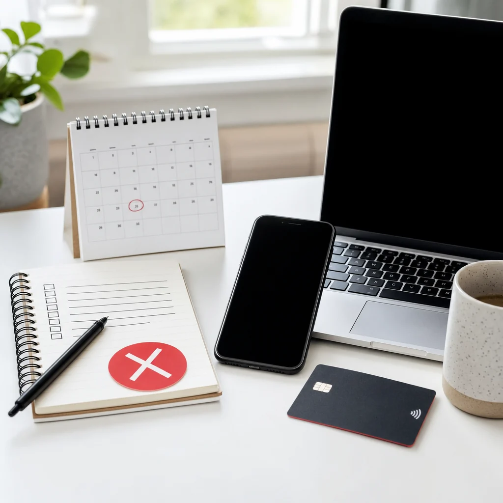 Desk with phone, laptop, calendar, payment card and cancellation checklist